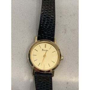 1994 Bulova T4 Ladies Gold Tone Quartz Watch Original Black Leather Strap